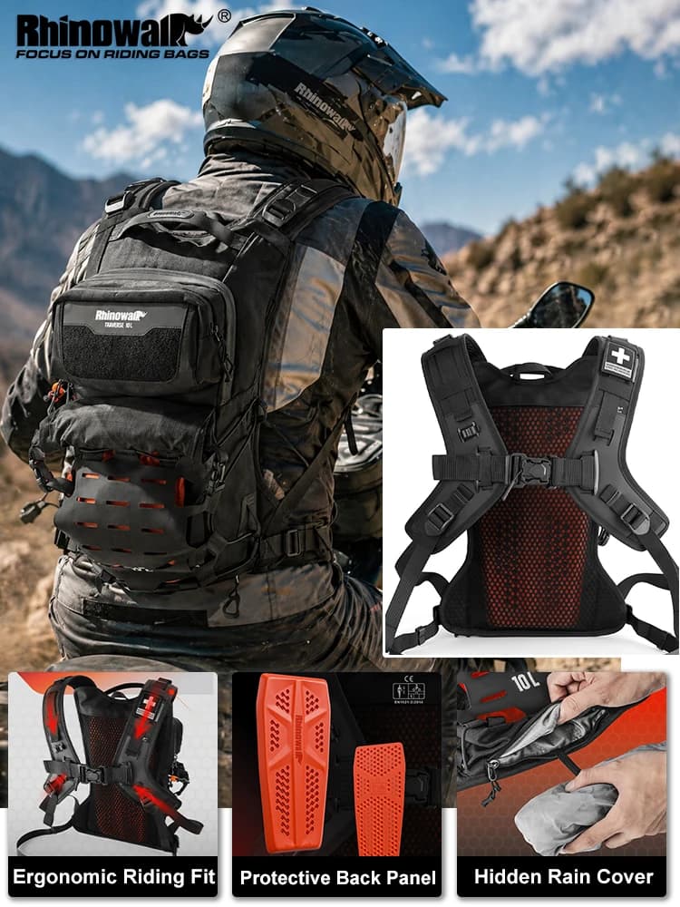 Zaino moto Rhinowalk 10L impermeabile con protezione schiena, sistema MOLLE, sacca idrica e copertura antipioggia per touring, off road, enduro e uso quotidiano