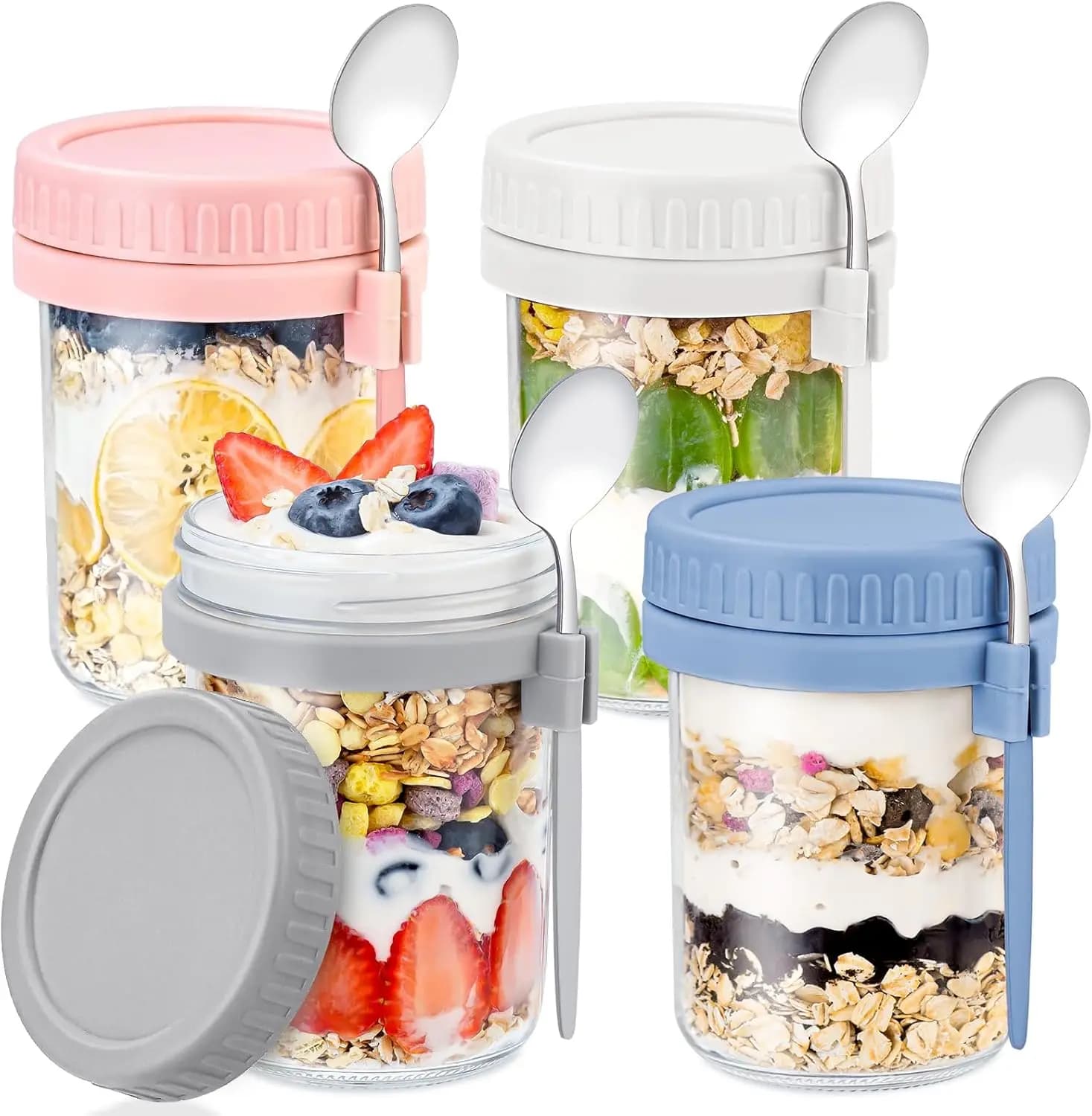Set di 4 Barattoli in Vetro da 16oz per Overnight Oats con Coperchi e Cucchiai, Contenitori Ermetici per Preparazione Pasti
