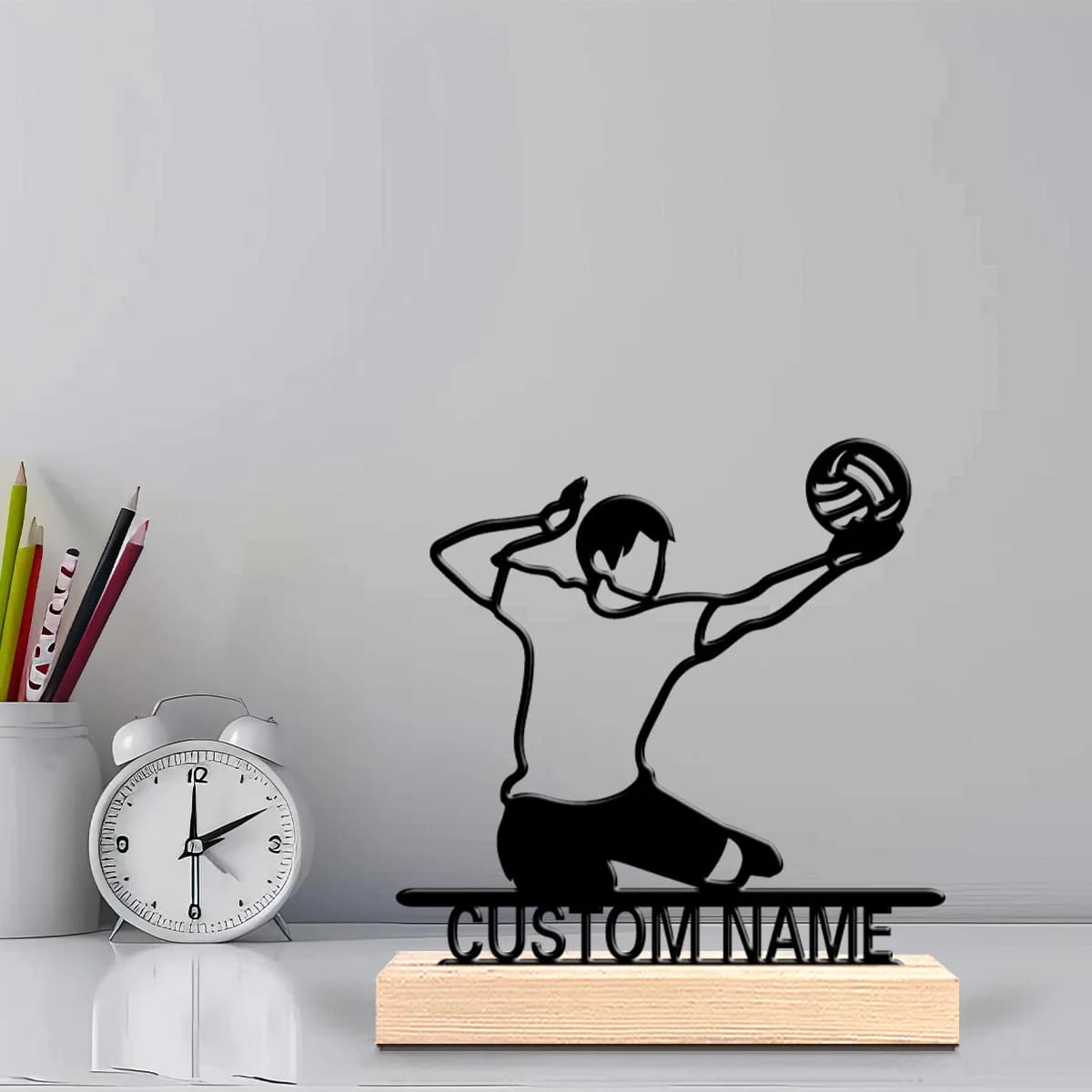 1pc Creative Volleyball Customized Text Metal Statue Metal Ornament Art Figurine With Wood Base Metal Statue For Boys Gifts