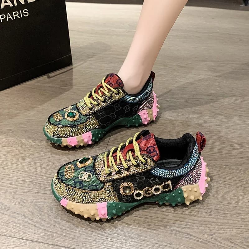 Sneakers con Plateau da Donna 2026, Suola Robusta, Traspiranti in Mesh, Casual con Lacci, Scarpe Sportive alla Moda con Diamanti