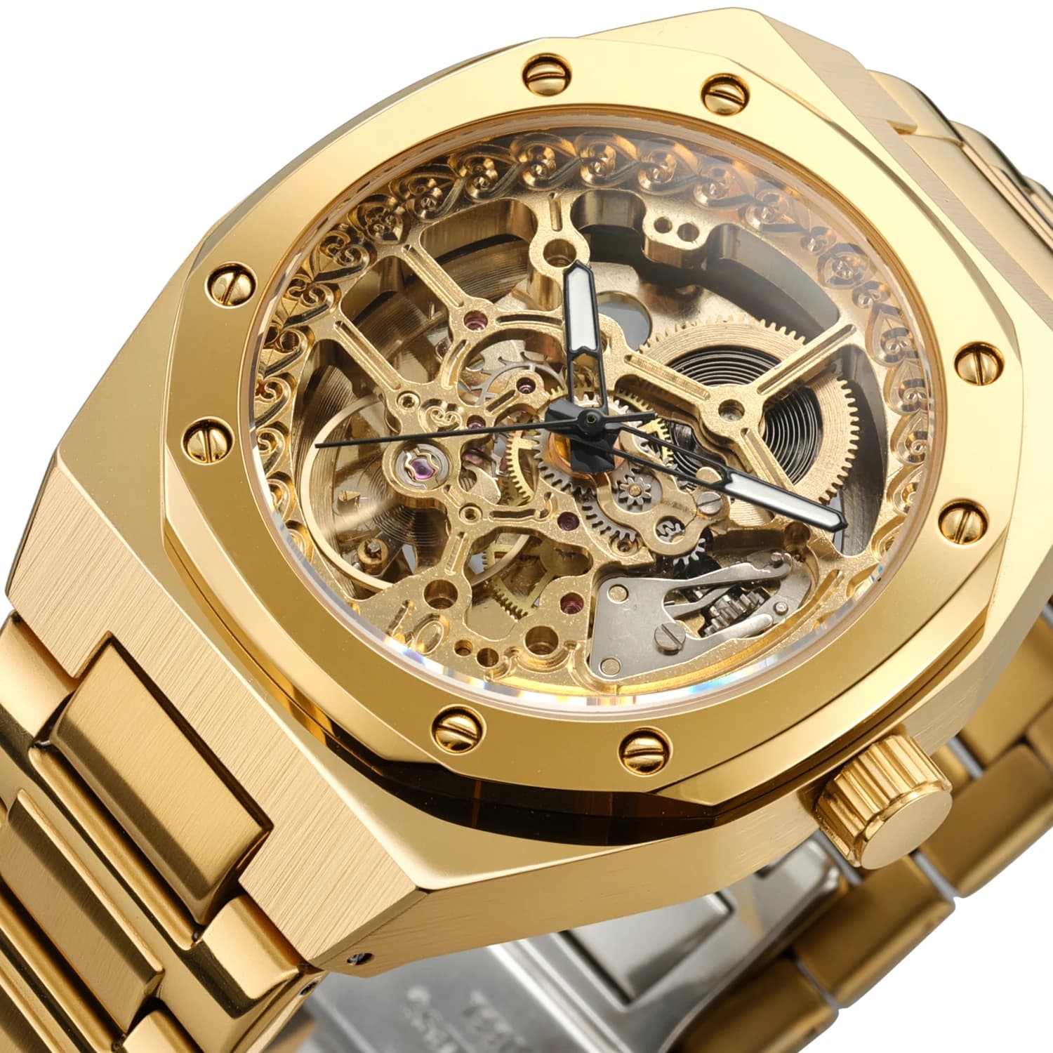 Forsining Royal Skeleton Mechanical Watch for Men Luminous Hands Luxury Golden Automatic Mens Watches Top Brand Steel Strap New