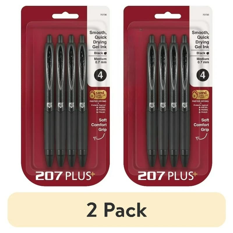 (Confezione da 2) Penne gel retrattili 207 Plus+, punta media (0,7 mm), nere, confezione da 4