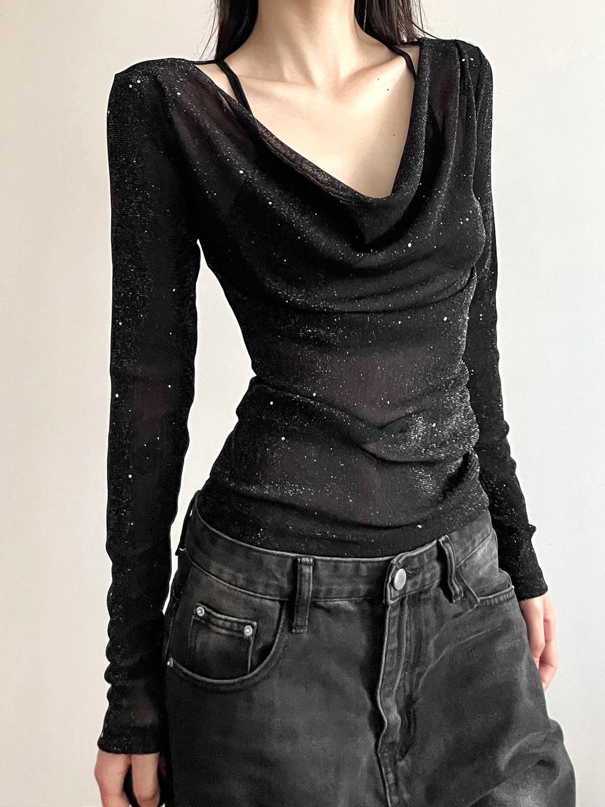 Women Black T-shirt Top Vintage Long Sleeve Turtleneck T-shirts Clothes 2025