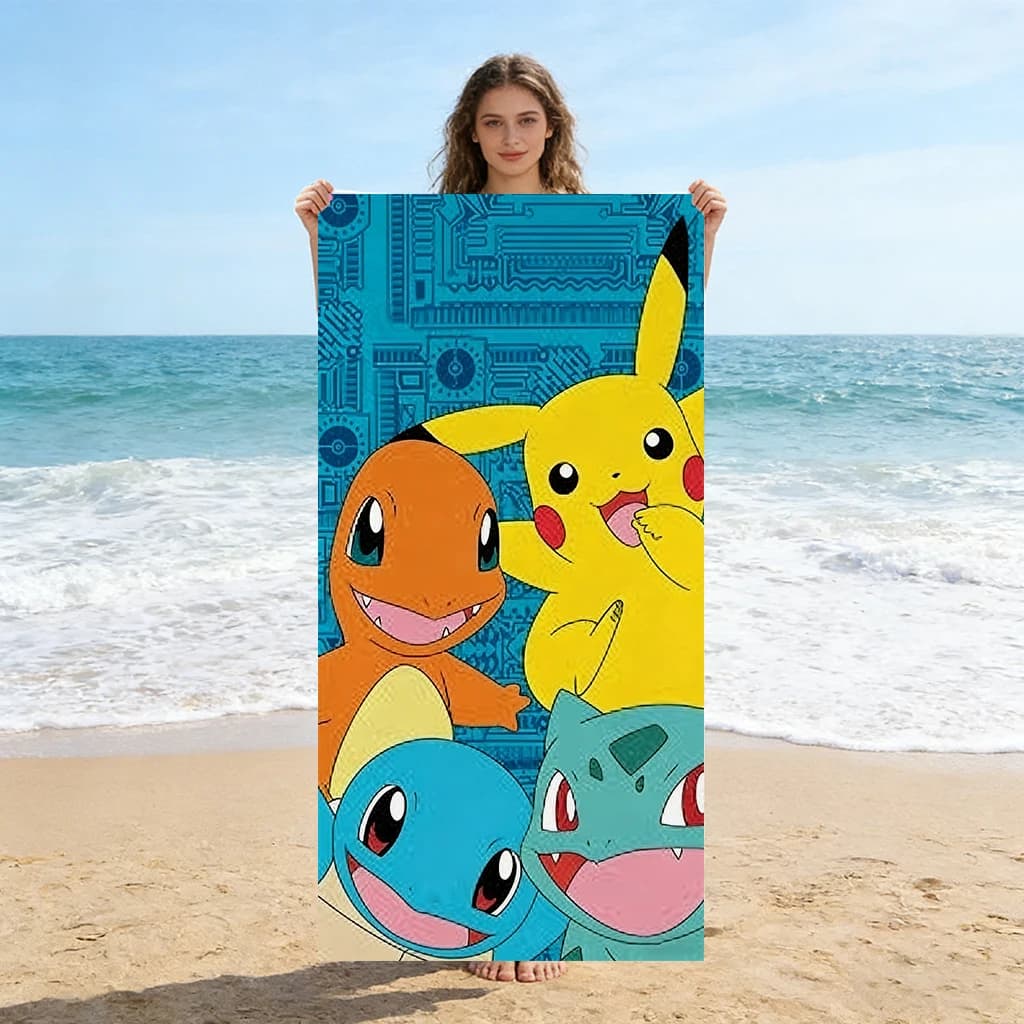 Simpatico asciugamano da spiaggia Pokemon ad asciugatura rapida, super assorbente, per spiaggia, piscina, sport, yoga, palestra, casa, viaggio, regalo per amici