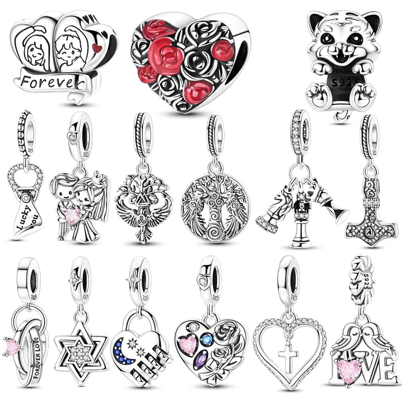 Ciondoli originali in argento sterling 925 con perline esagramma, scacchi, cioccolato, rosa, tigre, adatti per donne, ragazze, braccialetto, gioielli fai da te, regalo