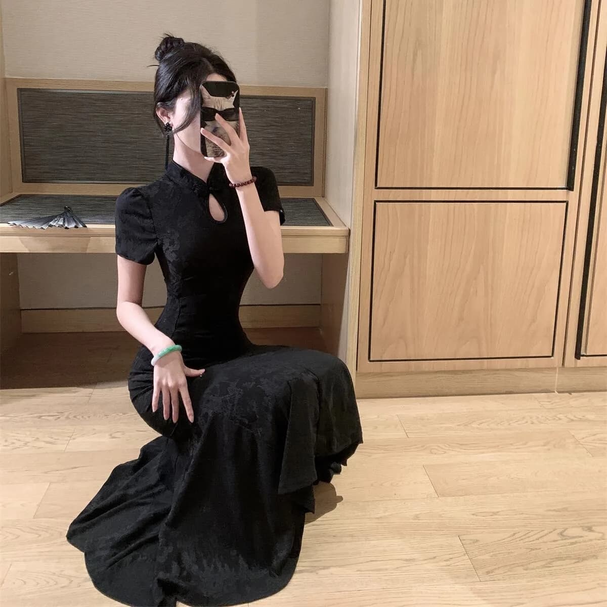 New Chinese Style Black Floral Embroidery Design Slimming Waist Fish Tail Dress Long Summer Skirt Button Design A-Line Korean...