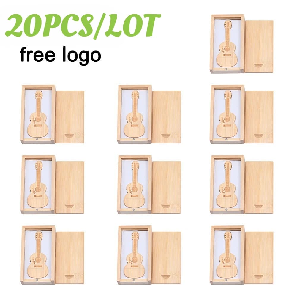 20 pz LOGO Personalizzato Gratuito Chitarra In Legno USB 2.0 Flash Drive 4 GB 8 GB16G 32G 64 GB 128G Viene Con Regali Pen Drive Box Memory Stick