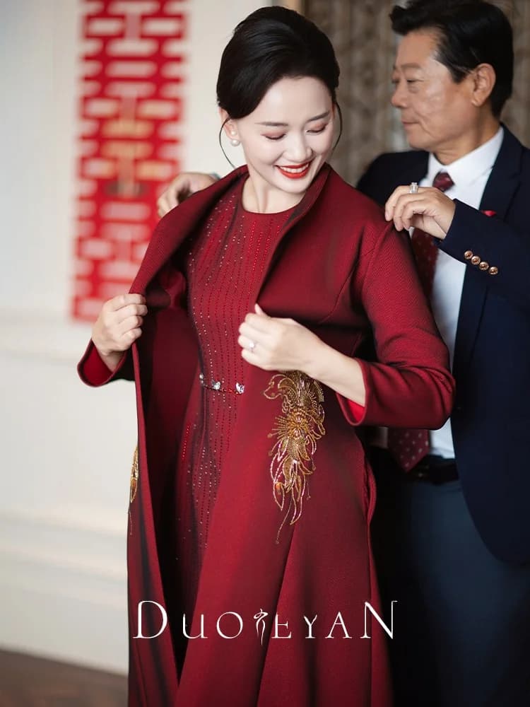 Elegant Red Wedding Dress Young Mom Maternity Suit Two-Piece Set High-End Mother-in-Law Ceremony Outfit Long Sleeve Floral Pa...