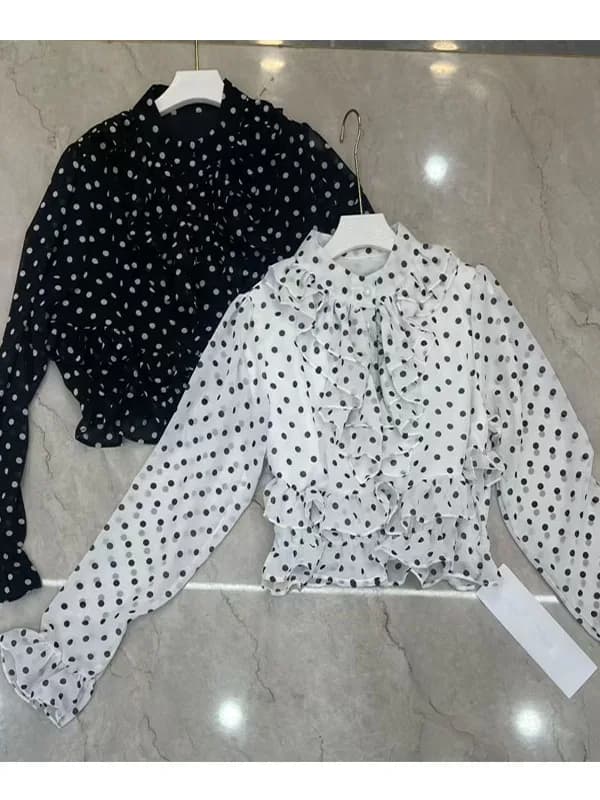 Elegante Camicetta Bianca a Pois da Donna, Nuova Collezione Primavera 2026, Stile Coreano per il Lavoro, Vita Alta, Manica Lunga, Lunghezza Corta