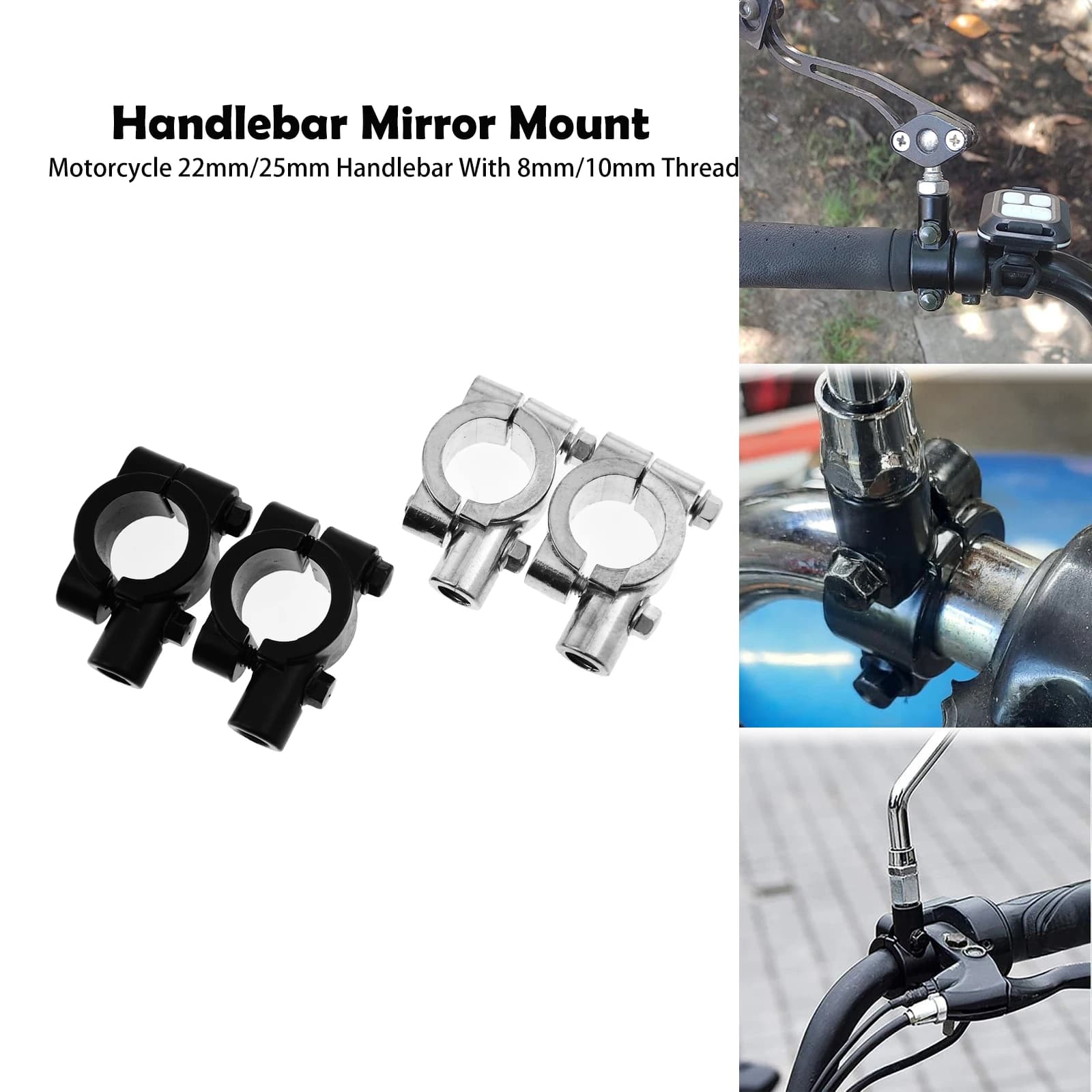 Motorcycle Mirrors Mount Holder Clamp 22mm 25mm Handlebar 8mm 10mm Thread Black/Chrome Universal For Rear View Mirror Bracket