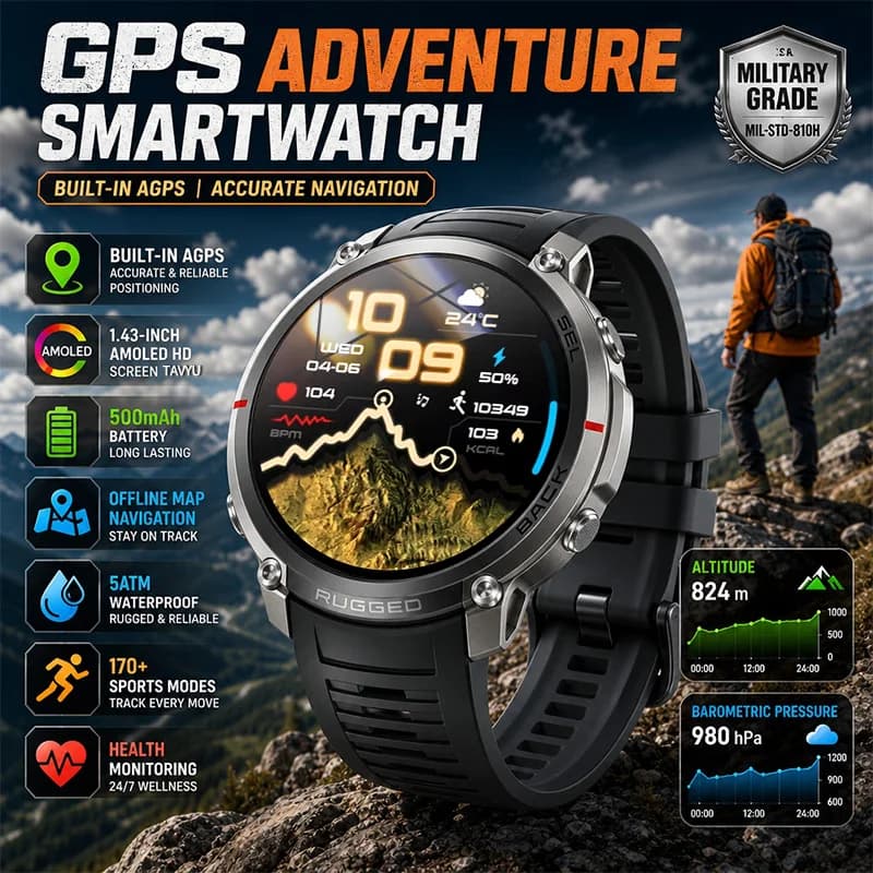 New Military Outdoor Built-in GPS Smart Watch Altimeter Barometer 5ATM Waterproof Bluetooth Call 170+sports Mode Smartwatch Men