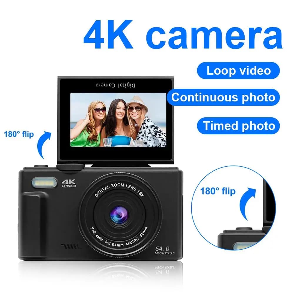Fotocamera digitale compatta per fotografia 4K Zoom digitale 18X Videoregistratore Vlog vintage YouTube 180 ° Selfile per schermo ribaltabile con flash
