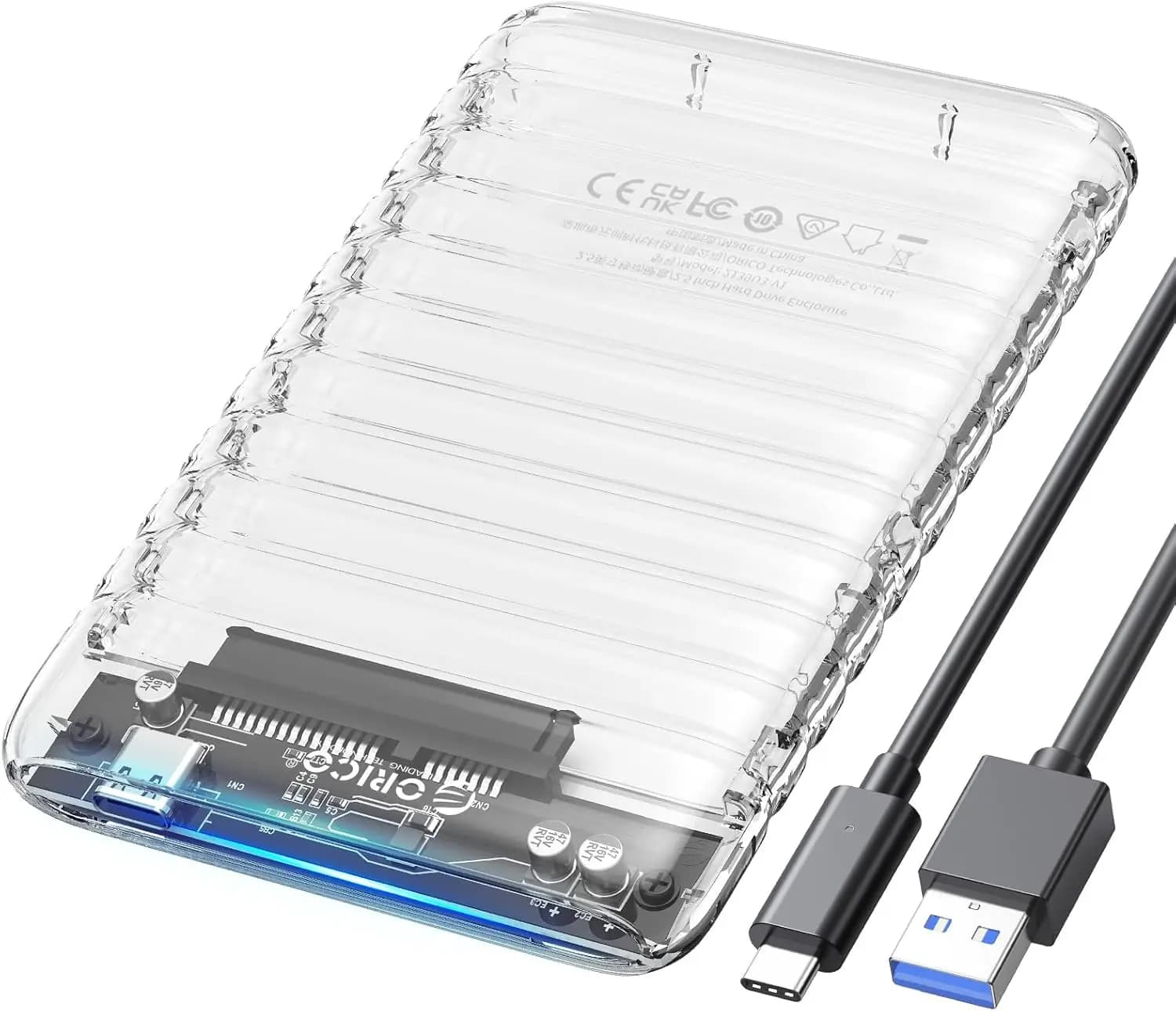 Box esterno per disco rigido da 2,5 pollici USB C a SATA III 5 Gbps, custodia trasparente per SSD/HDD da 7 mm/9,5 mm fino a 6 TB, senza utensili, supporto UASP