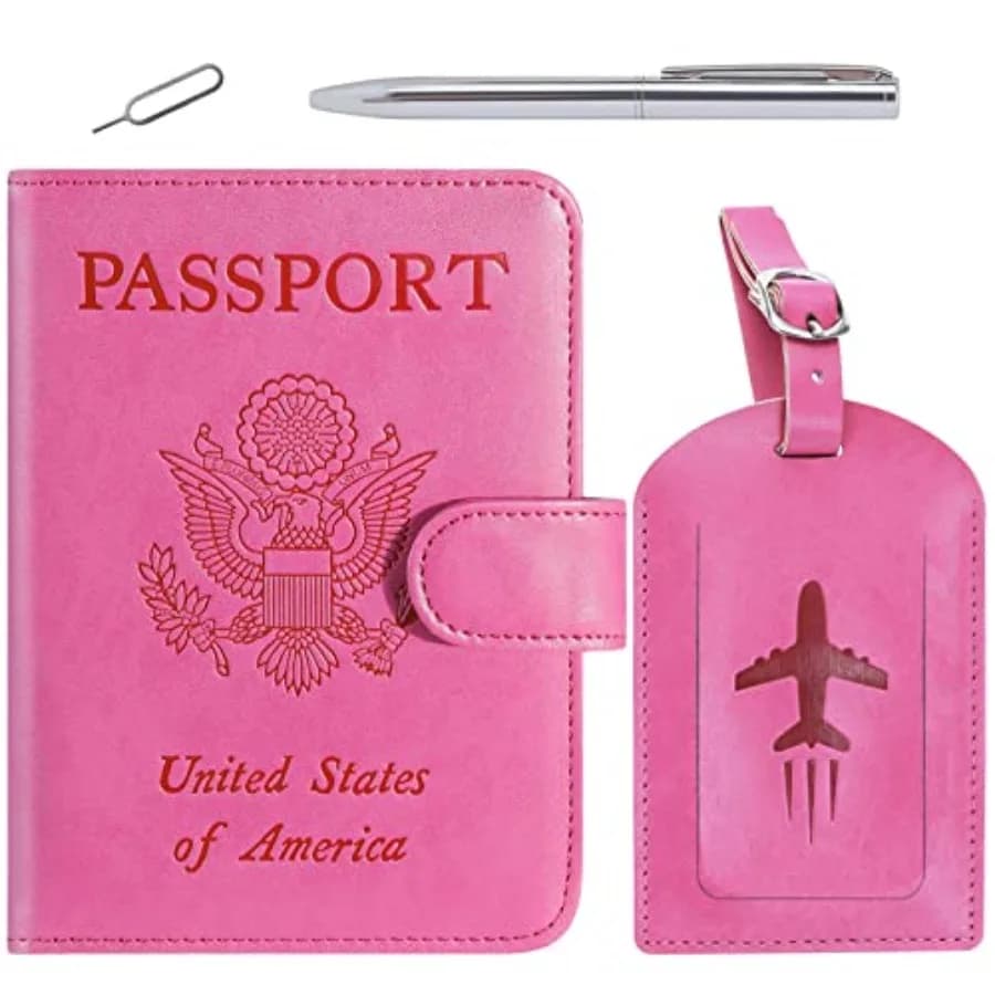 Passport Holder With Luggage Tag Cover Wallet RFID Blocking Leather Case Travel Essentials Accessories Travel Must Have 114#Pin
