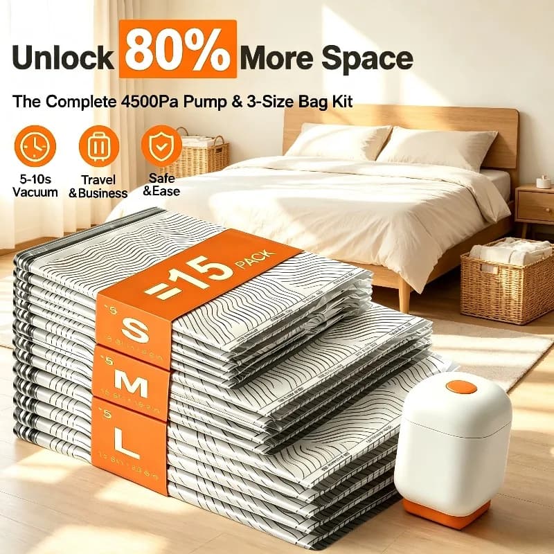 15Pack Vacuum Storage Bags Reusable Compression Bags with Electric Pump Moisture Dust Proof for Travel Home Bedding Clothes