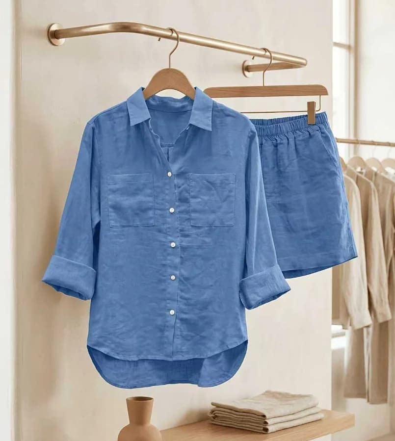 Summer Cotton Linen Casual Home 2 Piece Set For Women Fashion White Long Sleeve Shirt And Shorts Two Piece Sets Tracksuit