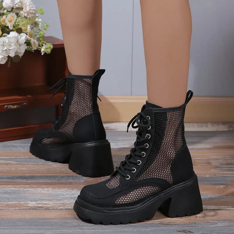 Stivali Estivi da Donna 2026 Nuovi Stivali Casual alla Moda Traspiranti in Rete con Punta Tonda e Tacco Basso Allacciati Stivali da Lavoro alla Moda