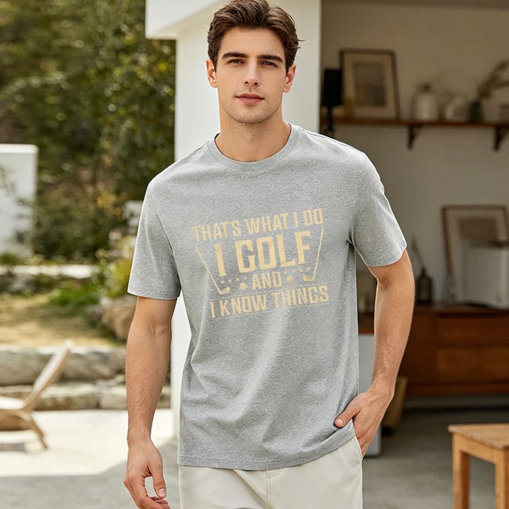 Sport Trend Graphic Tee Men Elegant Golden Letter Golf Club Pattern Funny Golfer Quote Outdoor Leisure Daily T-Shirt