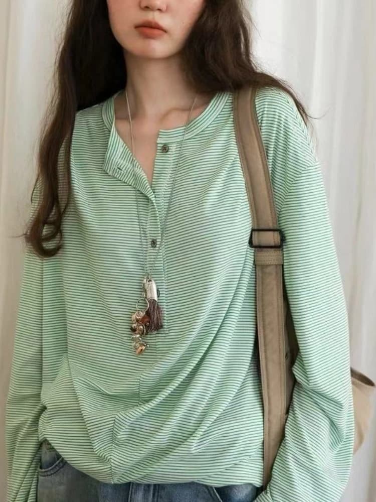 Women's Colorblock Striped Basics T shirt Spring Autumn Loose Pile Pleated Henry Collar Long Sleeve Blouse Summer Cover Tops