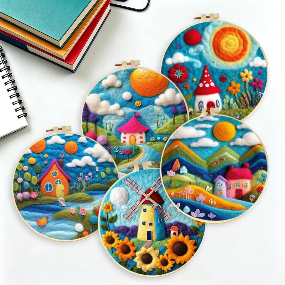 GATYZTORY 20x20cm Frame DIY Wool Needle Felting Starter Embroidery Kits DIY Wool Scenery Needle Felt Picture Kit Craft Paintings