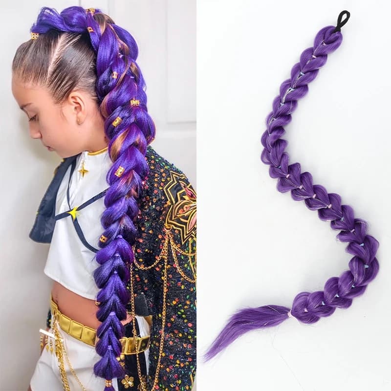 Purple kpop witch hunting group cosplay anime wig with the same headband golden thread ponytail wig braid