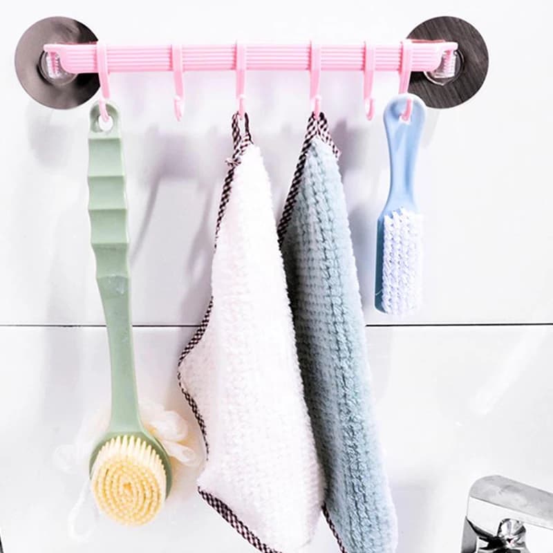 6 Rows Suction Cup Hook No Trace Wall Hanger Kitchen Bathroom Corner Storage Holder