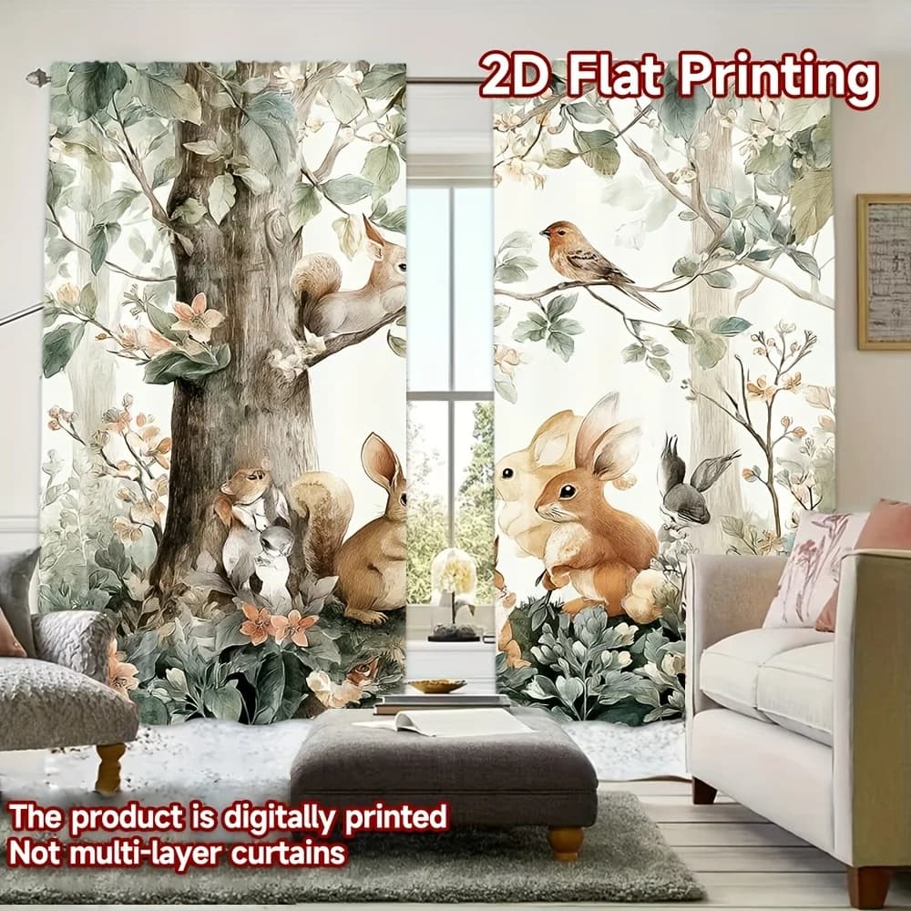 Whimsical Woodland Forest Animal Digital Print Curtains Polyester Drapes for Living Room Home Decor Window Coverings