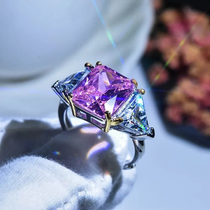 Live Stream Supply Anello quadrato principessa super flash, zircone rosa Otto cuori e otto frecce Simulazione Mozzarella Dia