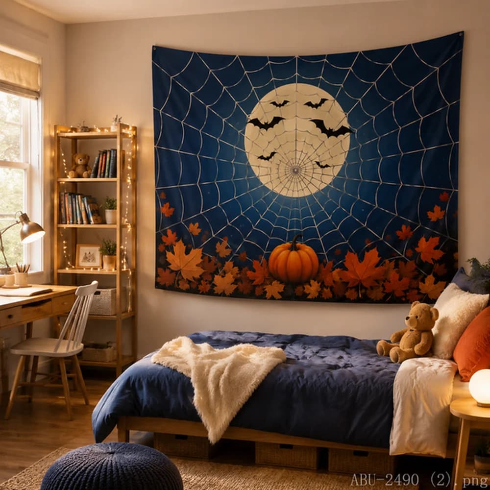 VIKAMA Halloween Tapestry – Giant Spider Web, Galaxy Nebula, Bat Silhouette, Aesthetic Dark Wall Art