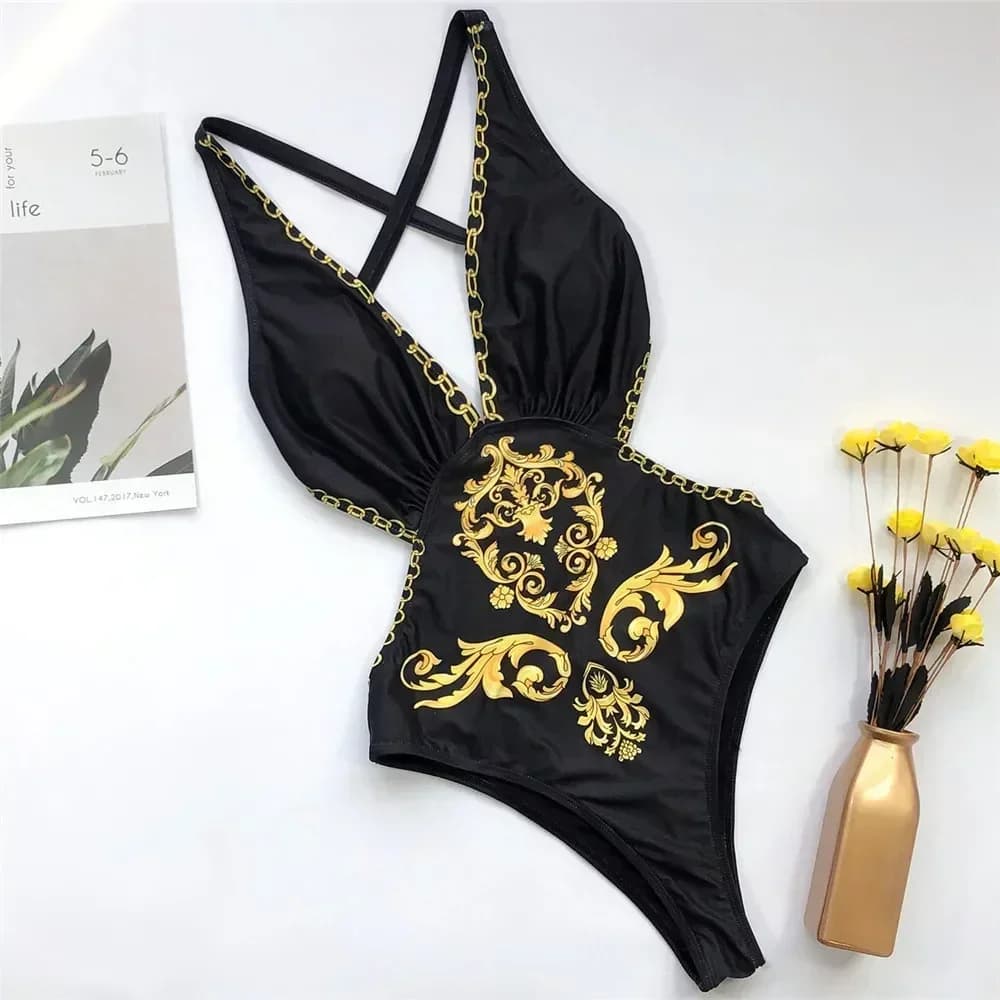 Costume da bagno intero sexy nero stampato senza schienale da donna 2026, monokini cut-out a vita alta, per nuoto e mare