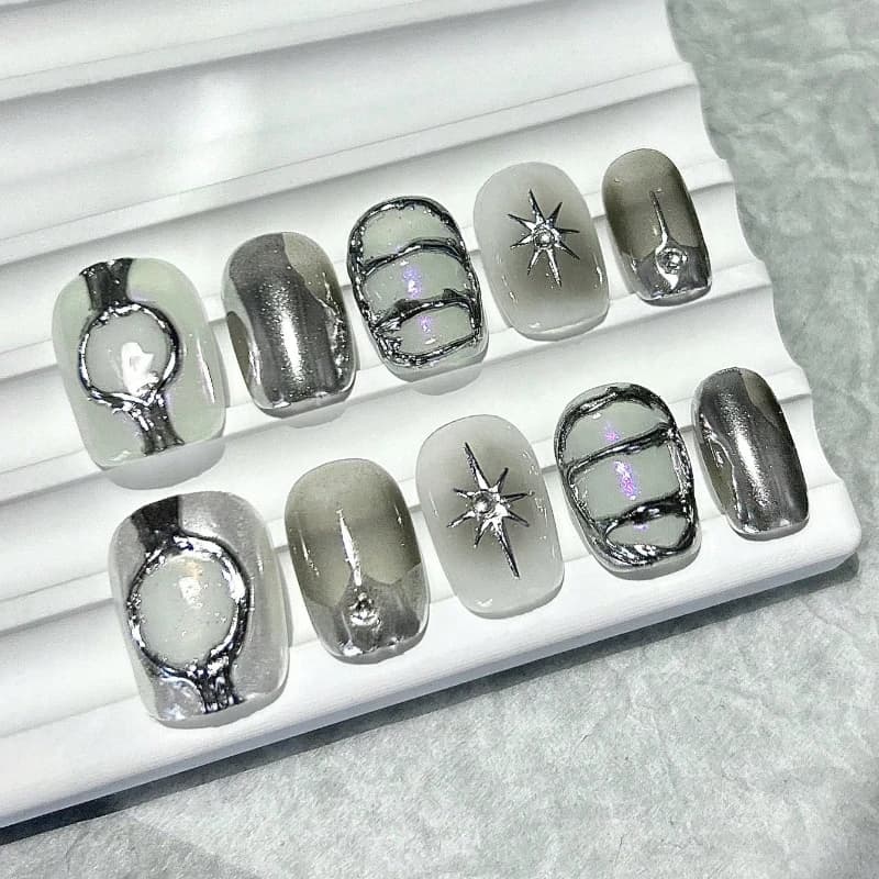 Y2k stile metallico nero rosa spezie ragazze premere sulle unghie fatti a mano schiacciato diamanti scintillanti fresco unghie false brevi