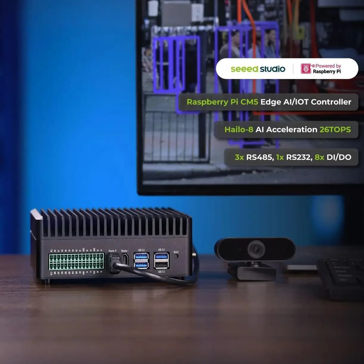 Controller AI Edge Raspberry Pi CM5, Computer IoT Fanless, Hailo-8 26TOPS, 8GB/16GB RAM, 32GB eMMC, PoE, RS485/RS232, DI/DO, -20°C ° C-65 ° C