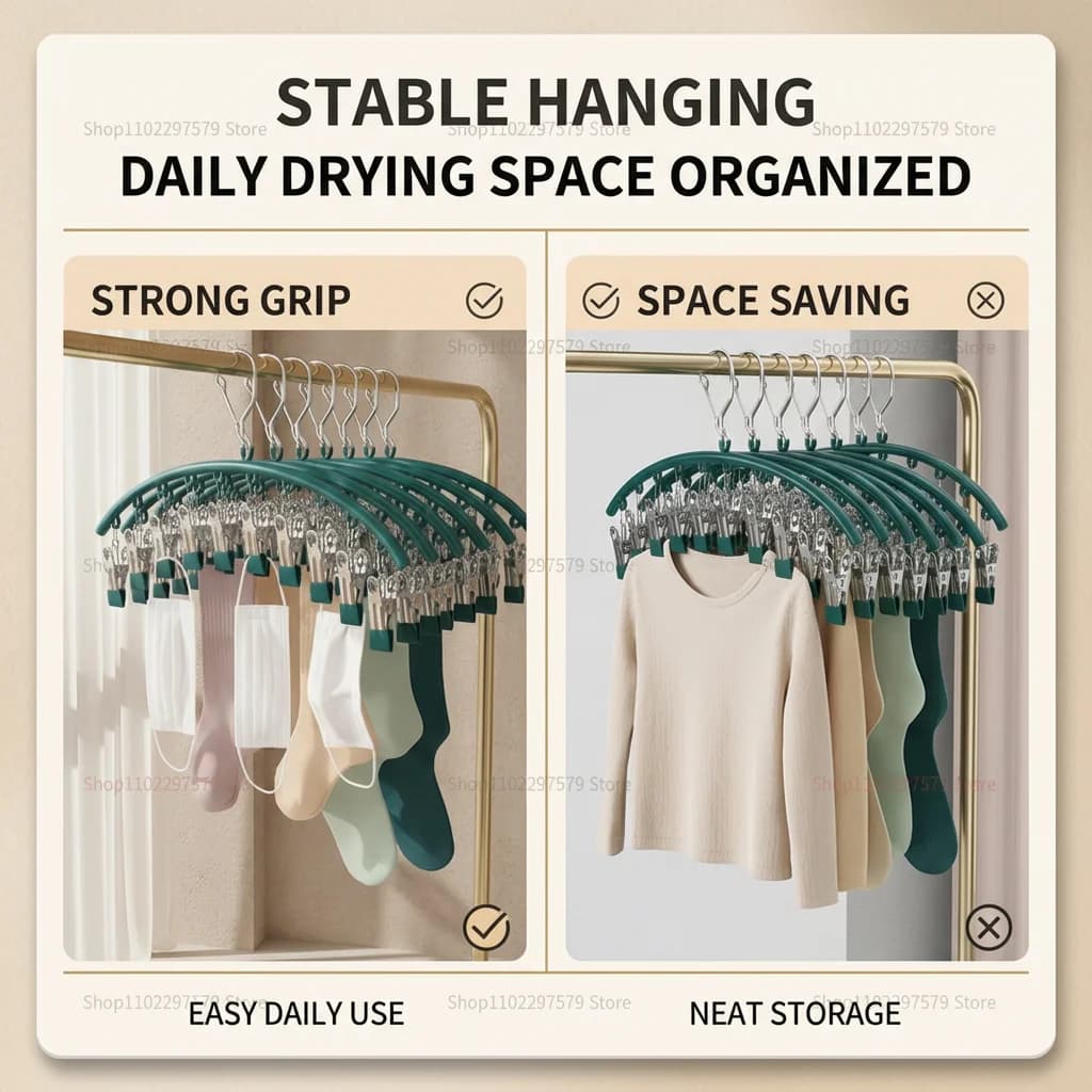 10 Clips Stainless Steel Windproof Arc Drying Rack Non Slip Space Saving Organizer Hanger for Socks Underwear Towel Home Use