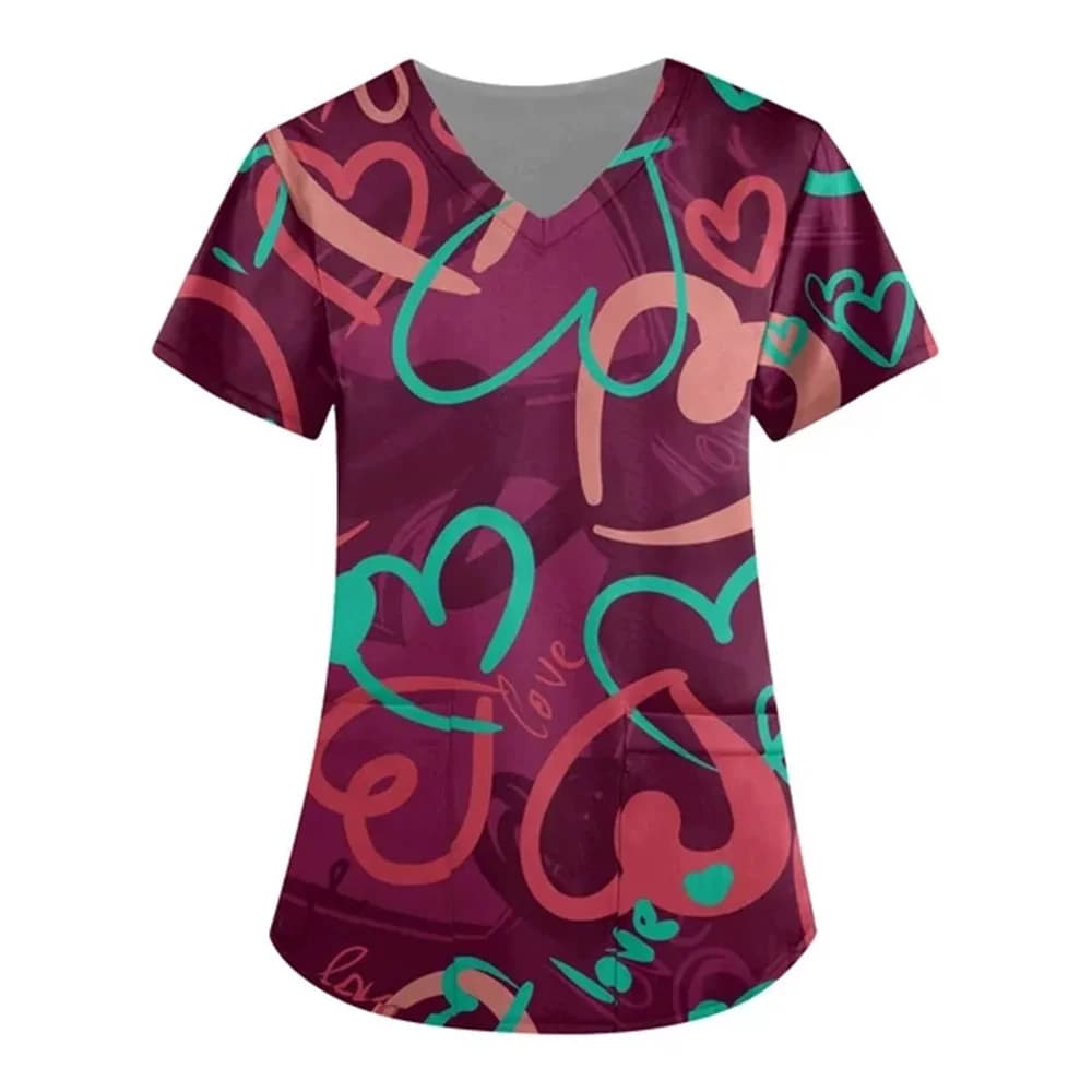 Maglietta da donna Top stampati per donna Traspirante Love Heart Pattern Harajuku T-shirt con scollo a V Tee Abbigliamento coreano Top con tasche