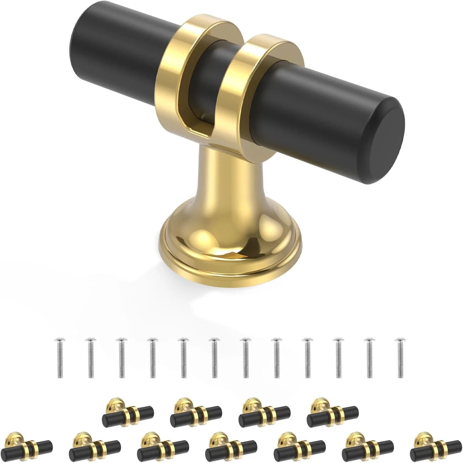 Maniglie per mobili con barra a T, pomelli per cassetti in lega di alluminio nera e oro, set di hardware per armadio da cucina da 12 pezzi