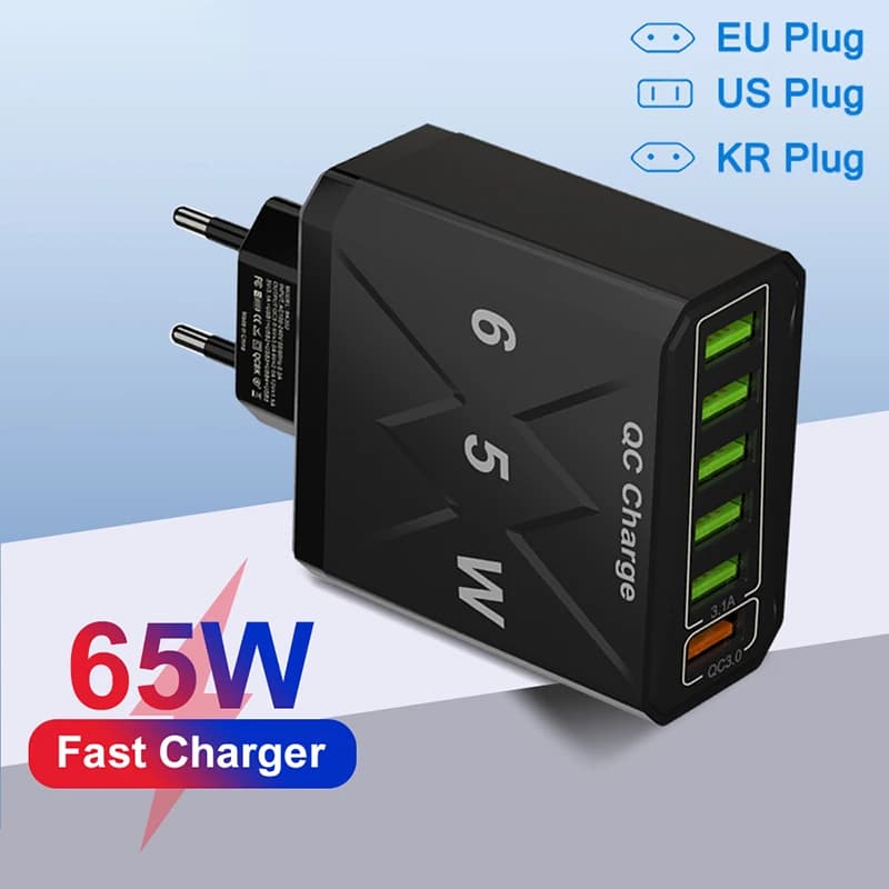 Caricabatterie Rapido per Cellulare 65W con 6 Porte USB, Adattatore di Ricarica Veloce 6-in-1 QC3.0 con Spina US EU KR per iPhone