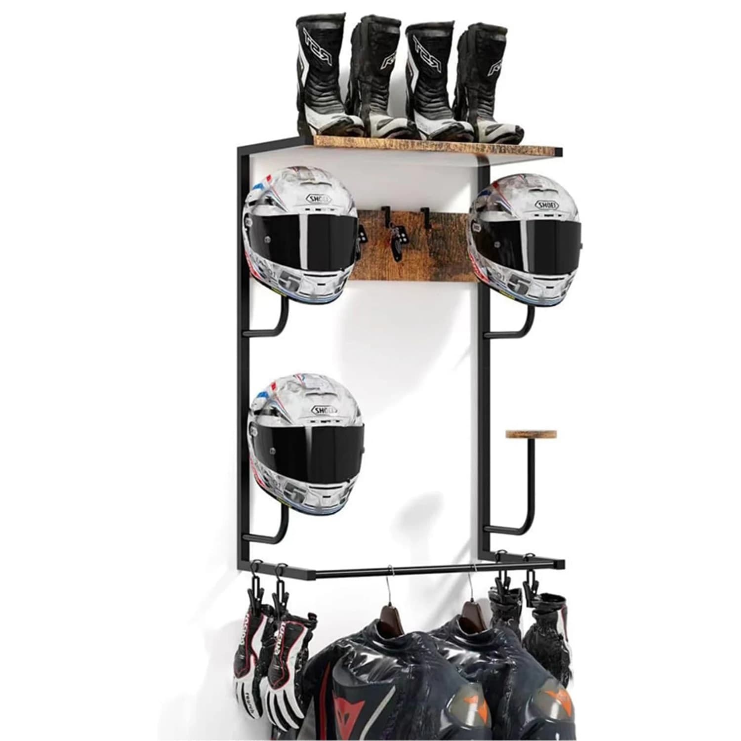 Support for Motorcycle Helmet with 4 Supports for Hats and 4 Clips for Gloves, Robust Bearings in Iron and Wood for Helmets and Jackets