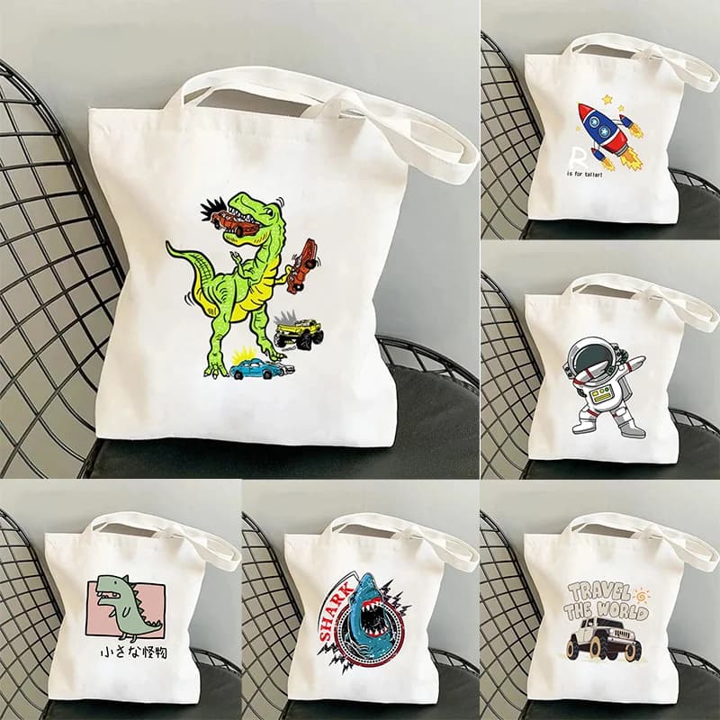 Nice Shopping Bag in Dinosaur Canvas Bags for Kids Casual Shopping Bag Large Capacity Shoulder Bags for Girl Boy Bag for Students