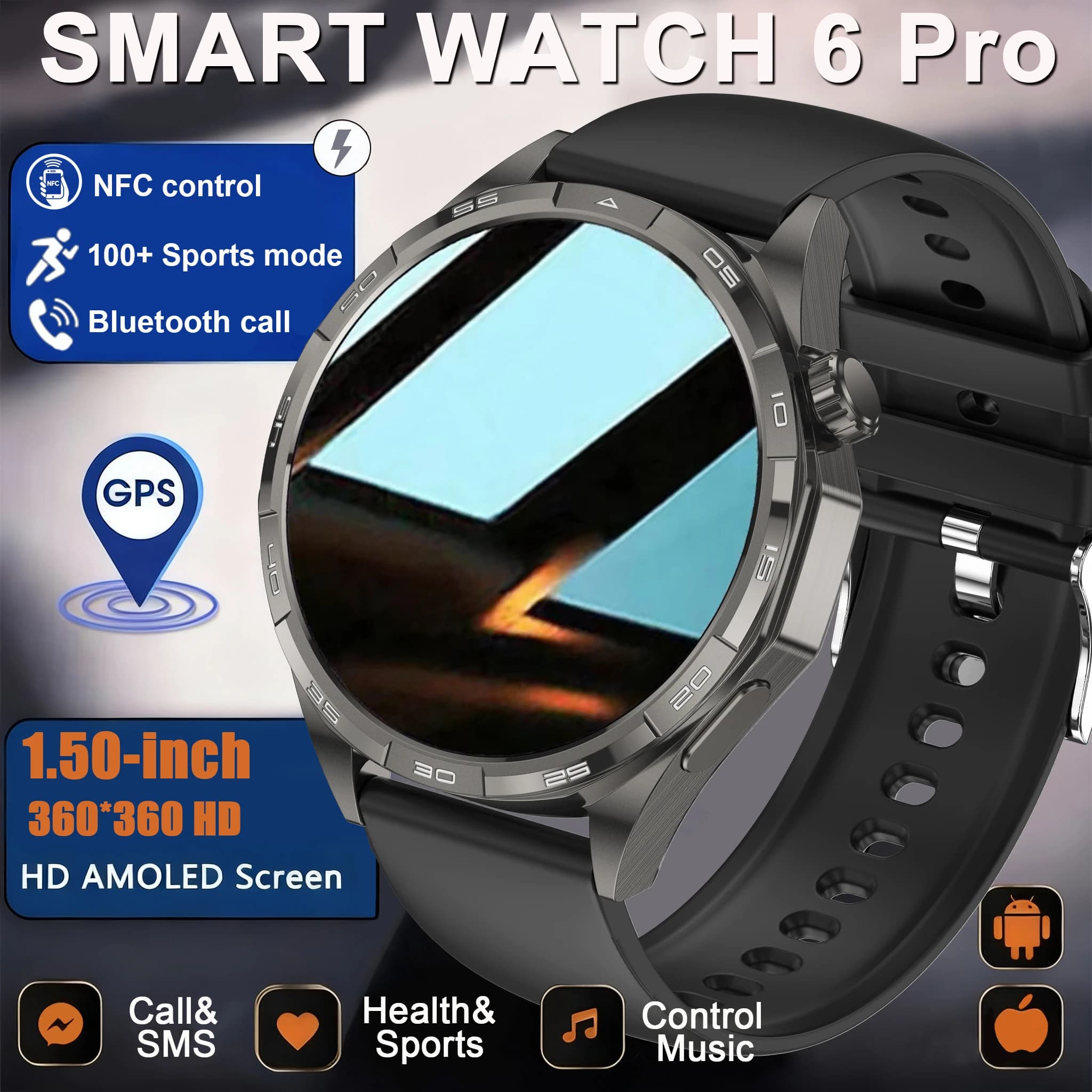 New Smartwatch 2026 with AMOLED Screen, GPS, Bluetooth HD Calls, Waterproof, Health and Sport Monitoring, Man's Smart Watch 6 Pro