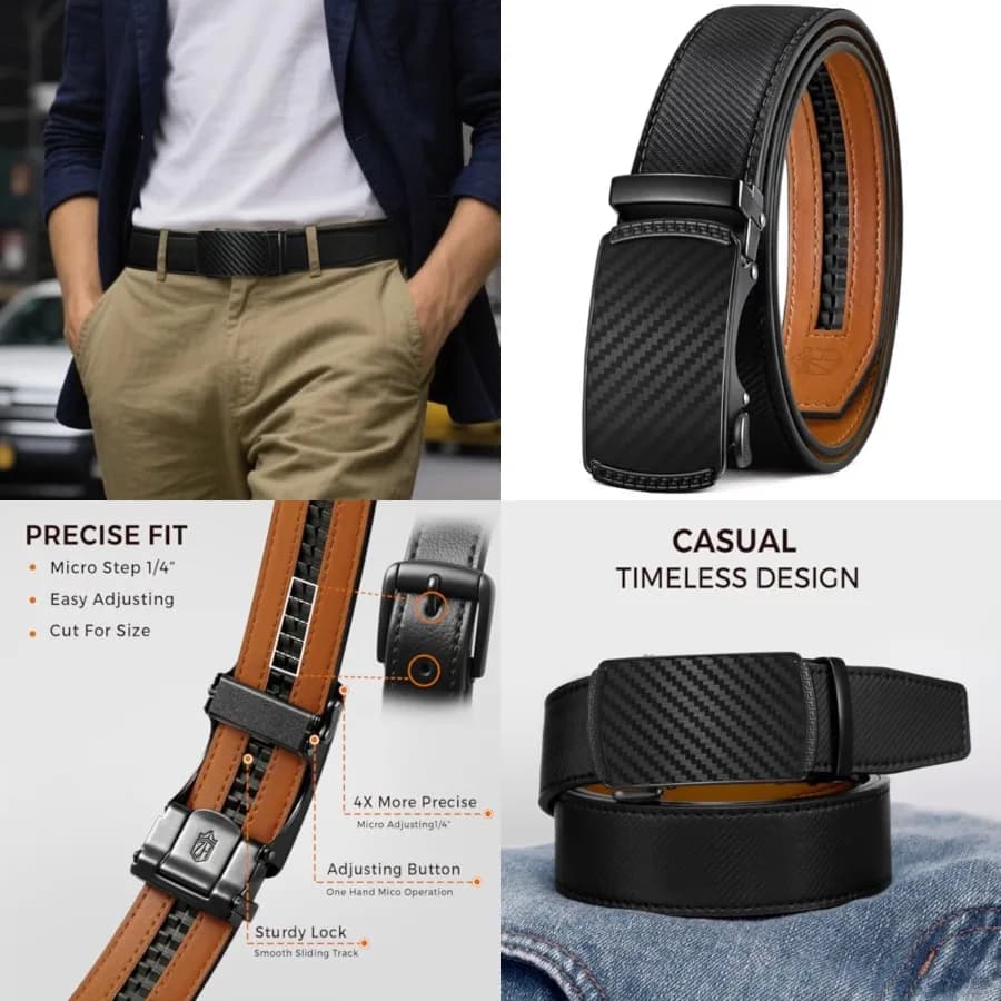 Belt Men,Leather Ratchet Belt for Men Dress Casual Every Day with Adjustable Buckle,Trim to Fit For Gift，30" to 36" Waist Adjustable，Black
