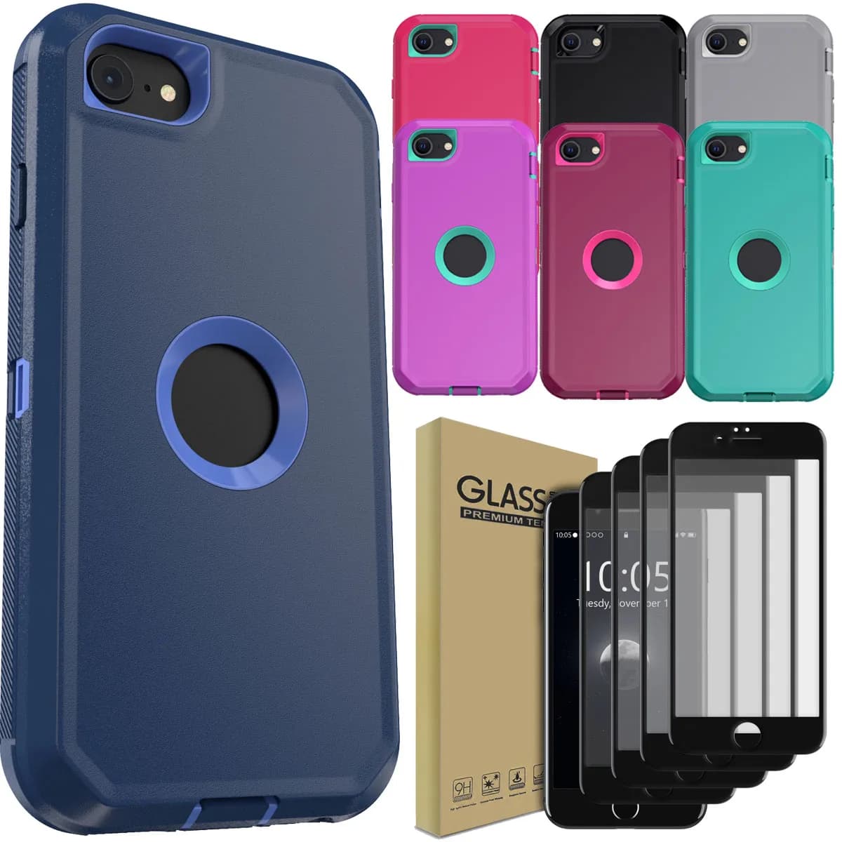 Per iPhone SE 2020/SE 2022 Custodia antiurto e 4 pezzi Proteggi schermo in vetro temperato a copertura totale Custodia amichevole trasparente