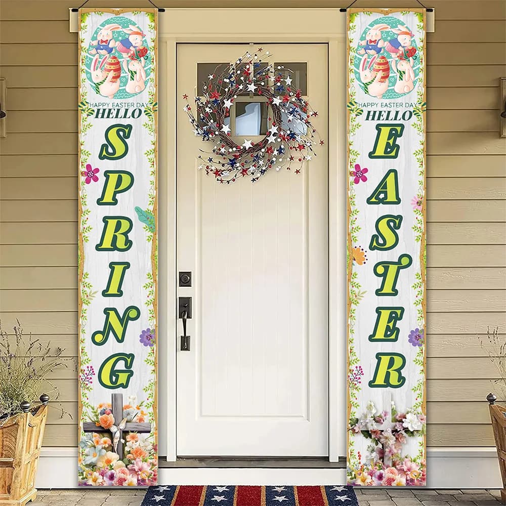 Decoration for Easter-themed door curtains, festive atmosphere scene, cross decoration, starboard, party