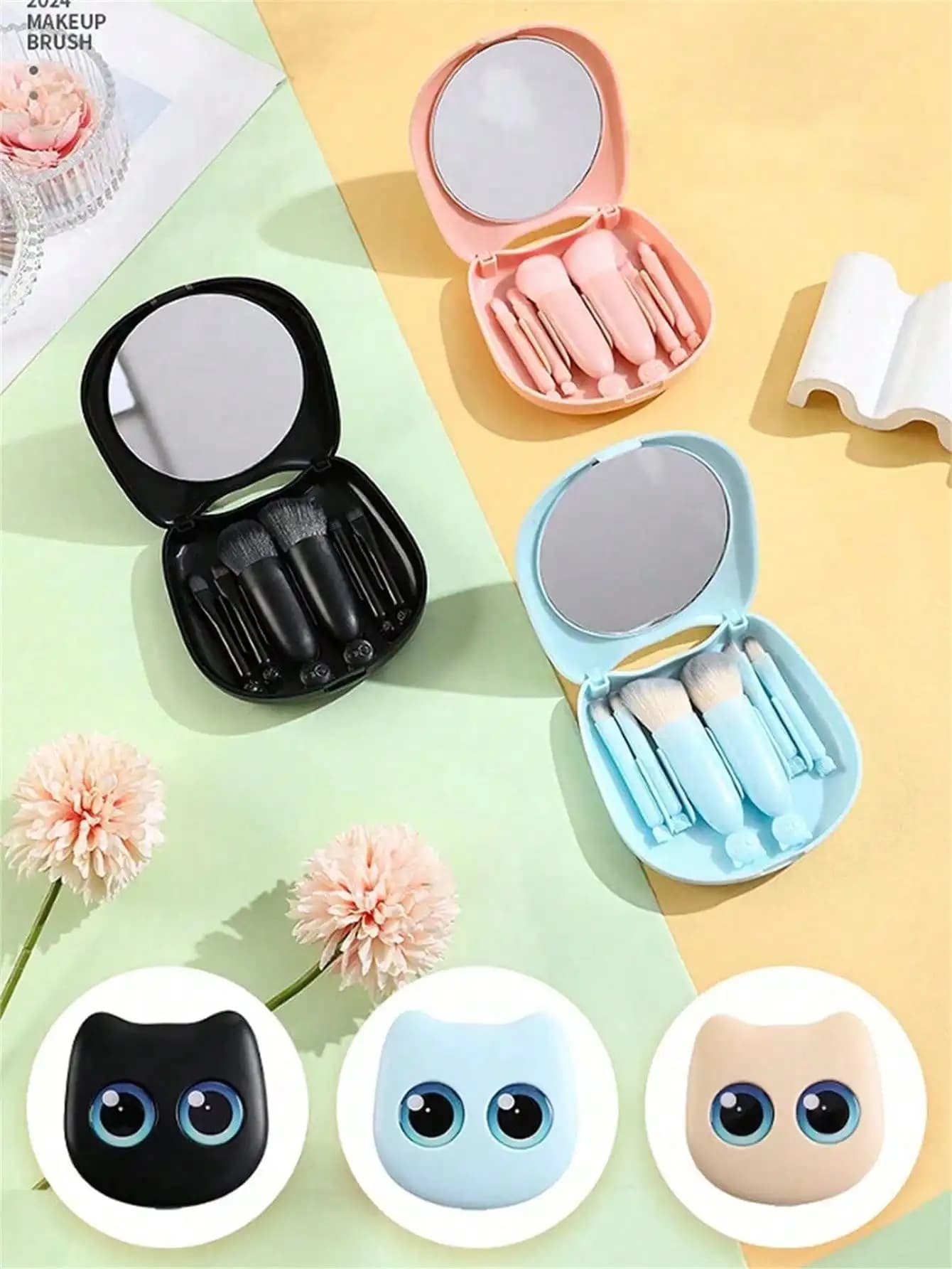1 box of 6 pieces of mini portable makeup brushes with cute cat-shaped design: powder brush, umbrella brush and assorted brushes