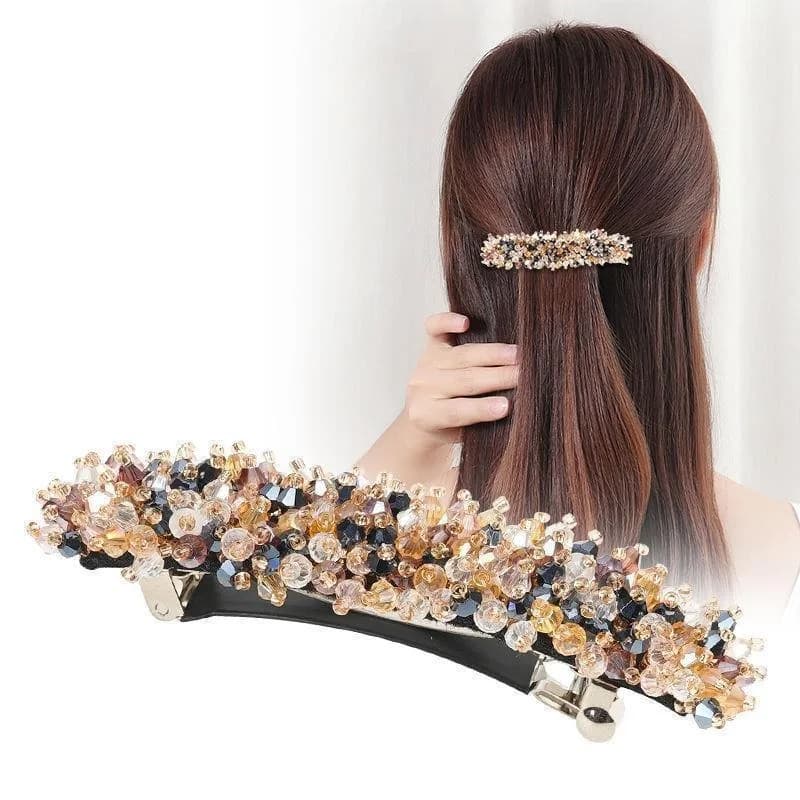 Fermaglio per capelli da donna con strass e perle, design di tendenza, accessorio per acconciature, fermaglio a molla semplice per coda di cavallo, accessori moda per capelli