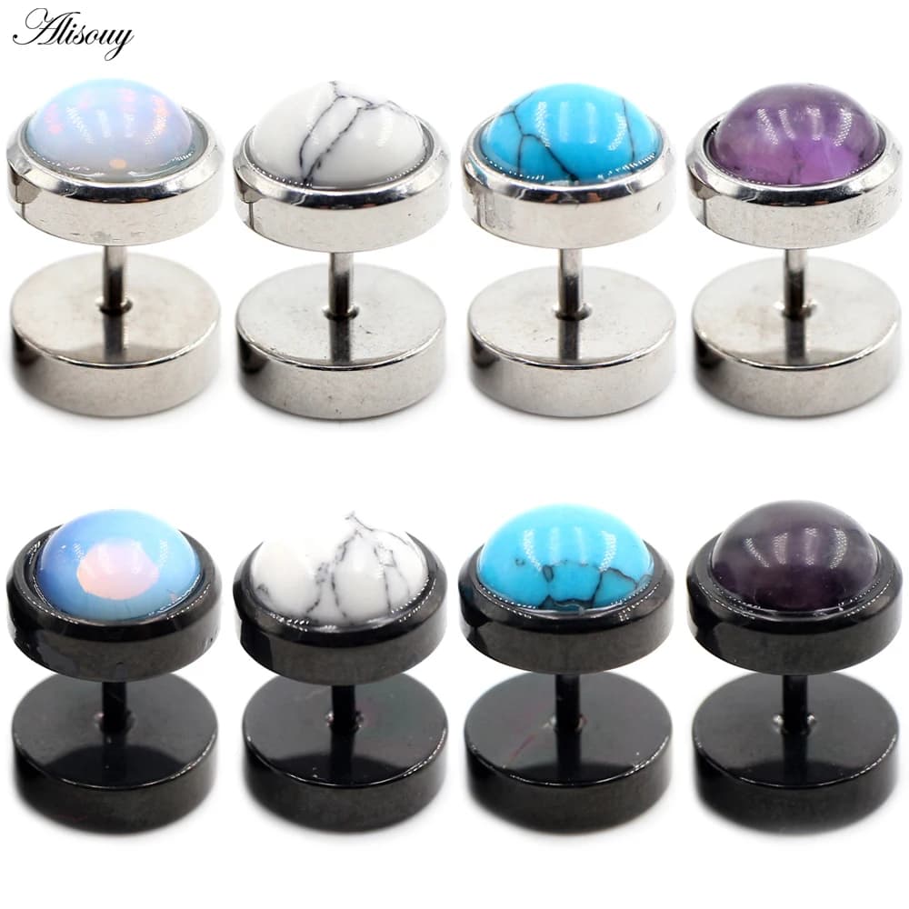 Alisouy 2 pieces punk natural stone opal stainless steel man woman balance handlebar earrings push-button elica penetrating jewelry