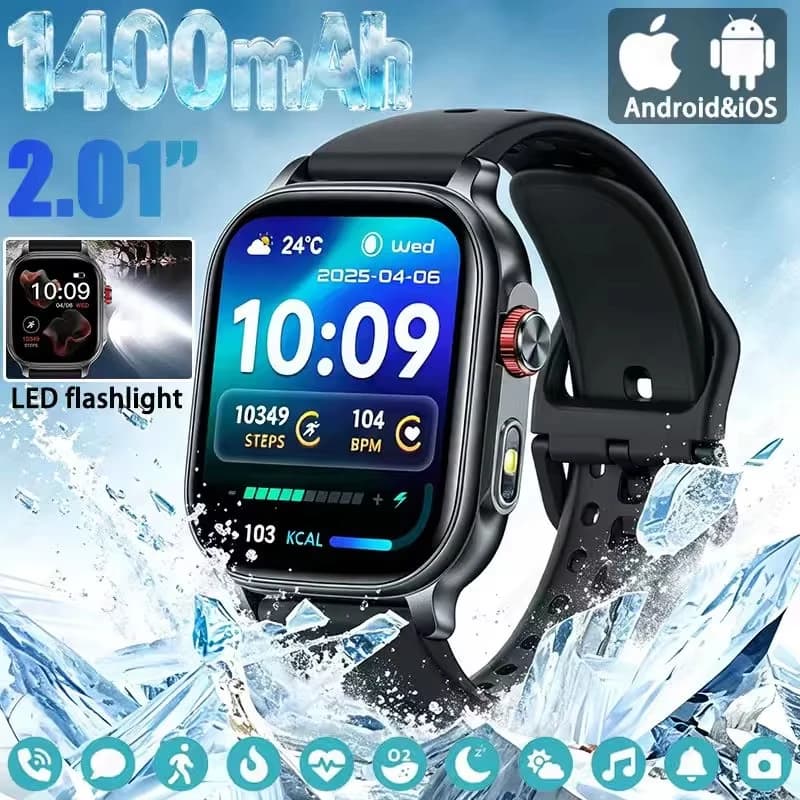 2026 New Outdoors LED Flashlight 1400mAh Large Battery SmartWatch Men Health Monitor GPS Sports IP68 Waterproof Men Smartwatch