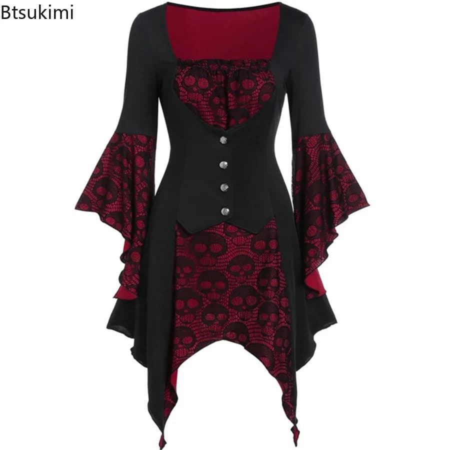 Abito gotico da donna con scollo quadrato, manica a pipistrello, teschio asimmetrico stampato, patchwork, corsetto con lacci, costumi cosplay di Halloween