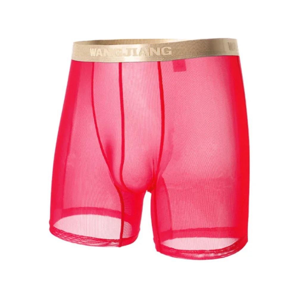 Boxer da uomo in rete trasparente ultrasottile senza cuciture, boxer lunghi elasticizzati con tronco piatto da uomo