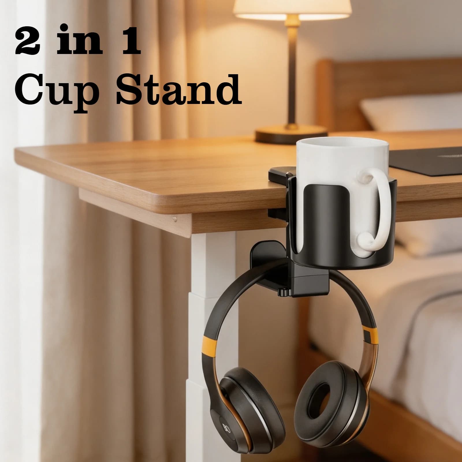 2 In 1 Desk Headphone Hanger Cup Holder Clamp On Desk Organizer Gaming Headset Stand Drink Storage Mount For Office Gaming Table
