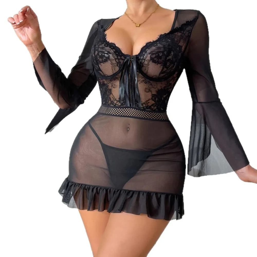 Hot Sexy Long Sleeves See Through Mesh Nightgown Babydoll Dress Hollow Out Backless Underwear Nightwear Erotic Lingerie Sets